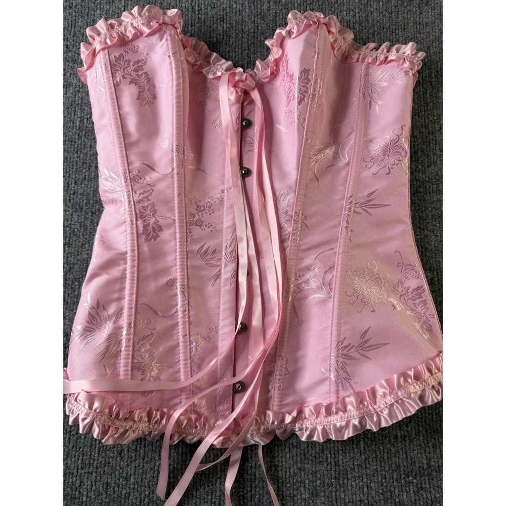 SZIVYSHI Pink Floral Brocade Corset Top Lace Up Bustier Boned Size S
